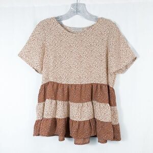 Paper Crane Floral Tiered Flowy Top Womens Small Tan Brown Cottagecore Boho‎